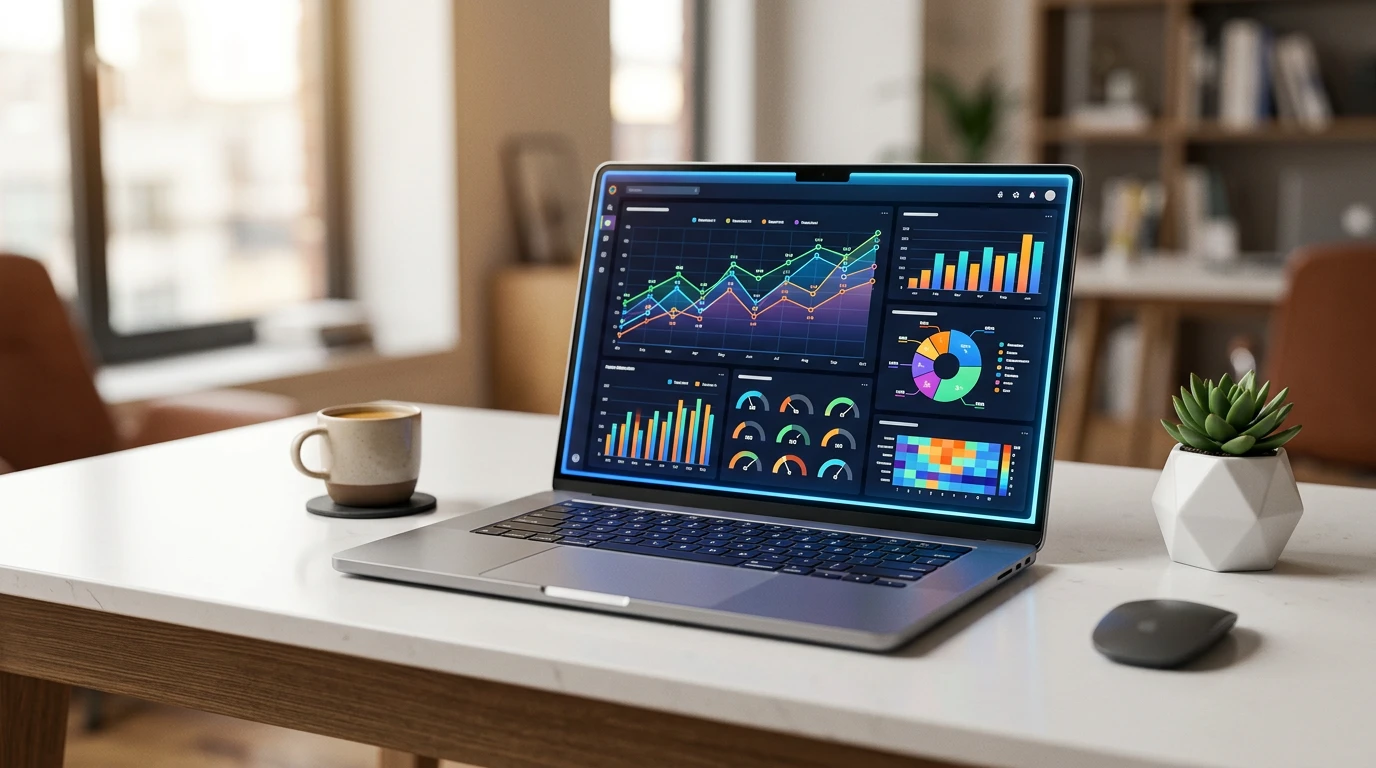 Laptop s datovou vizualizací na minimalistickém bílém stole