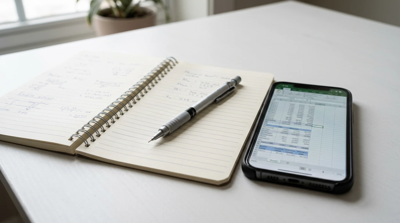 Otevřený zápisník s tužkou vedle smartphonu s tabulkou
