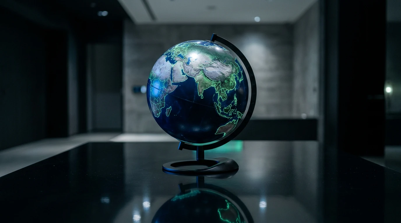 Globus na reflektivním tmavém povrchu s modrým a zeleným osvětlením