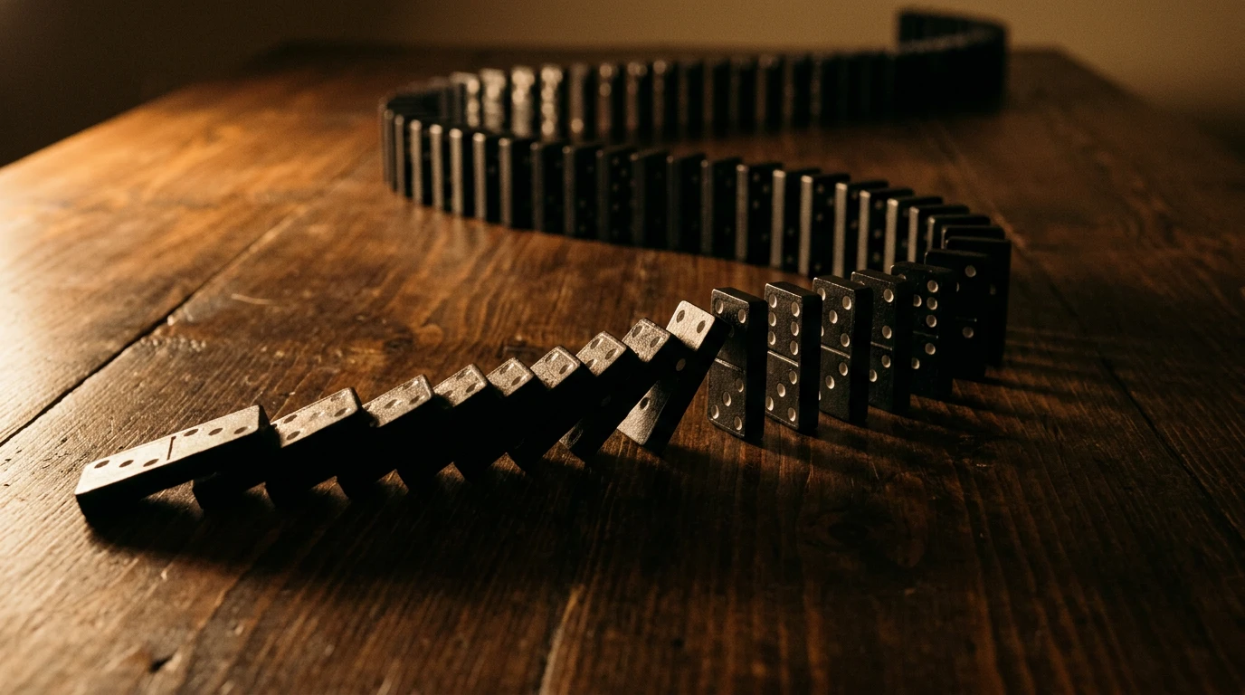 Řada padajících domino kostek na tmavém dřevěném stole