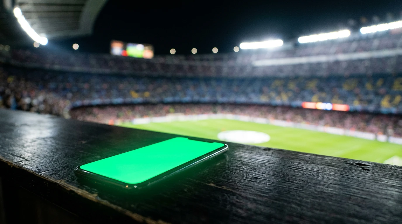 Smartphone se zeleným svitem na tmavém povrchu před stadionem