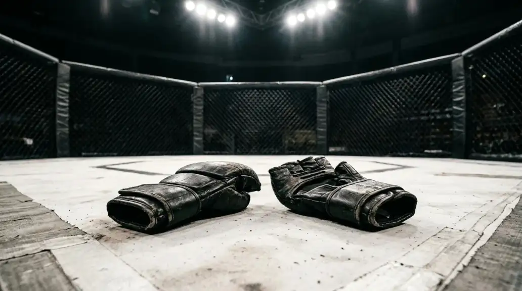 MMA rukavice položené na podlaze oktagonu